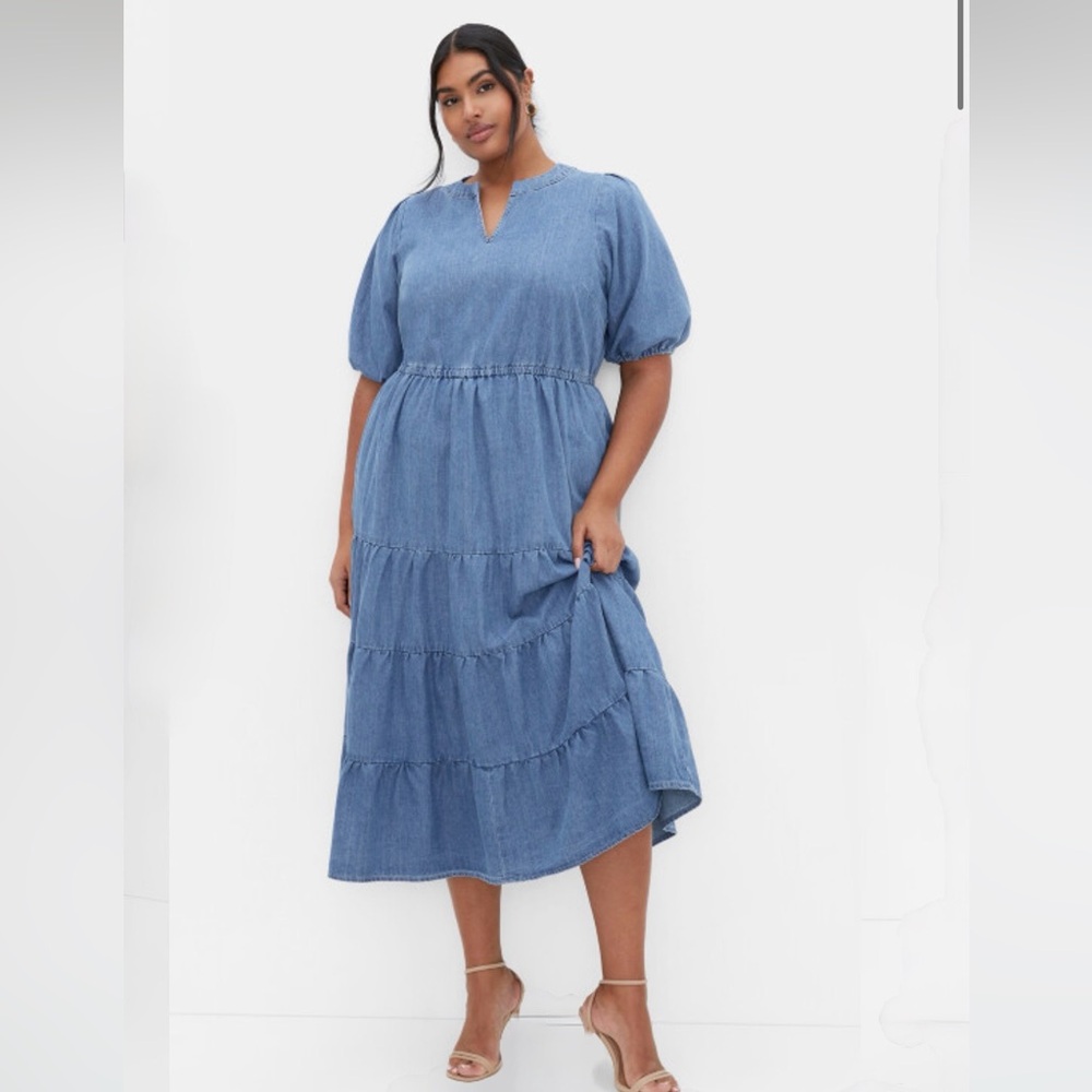 City Chic Midi Dress NWT lightweight denim, tiered puff sleeves size 14